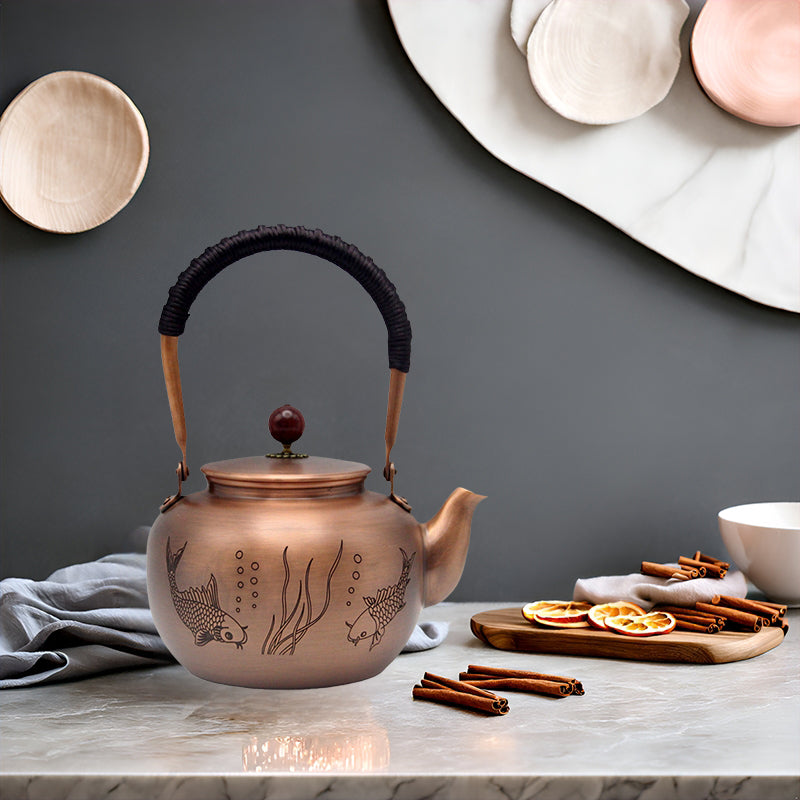 SECHUDO 44oz Pure Copper Teapot without Coating, Copper Tea Kettle with Tea Ball for Loose Tea, Japanese Style Classic Copper Tea Pot for Stovetop Safe(1300ml)