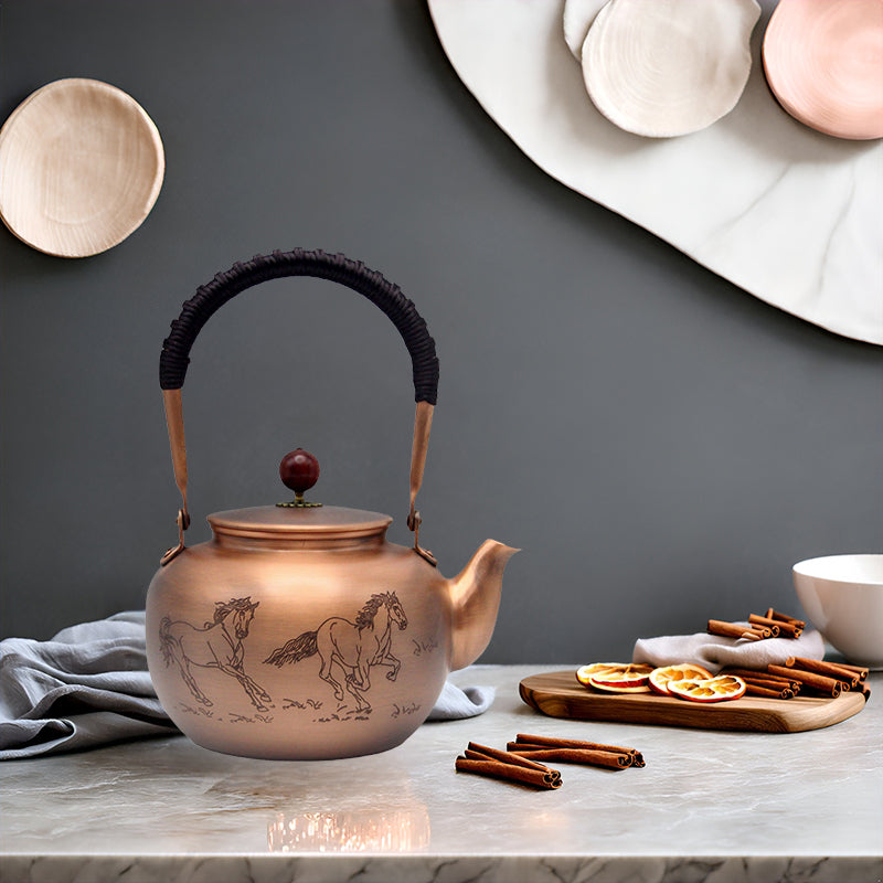 SECHUDO Exquisite Pure Copper Tea Kettle without Coating, Copper Teapot with Tea Ball for Loose Leaf, Japanese Style Classic Copper Tea Pot for Stovetop Safe, Horse Pattern
