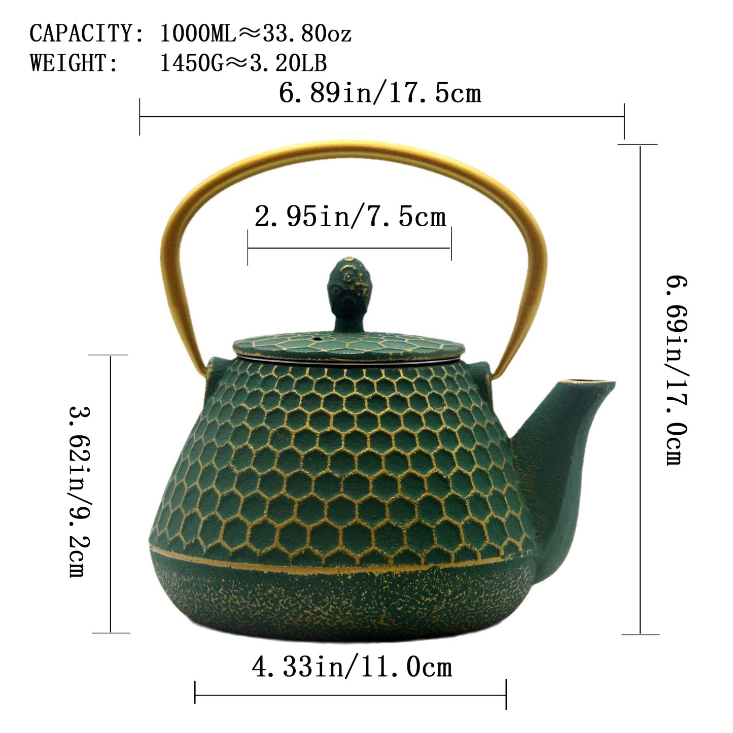 34oz Small Cast Iron Teapot with Enameled Interior, 1000ml Green Tea Pot with Infuser for Loose Tea, Tea Kettle for Stovetop