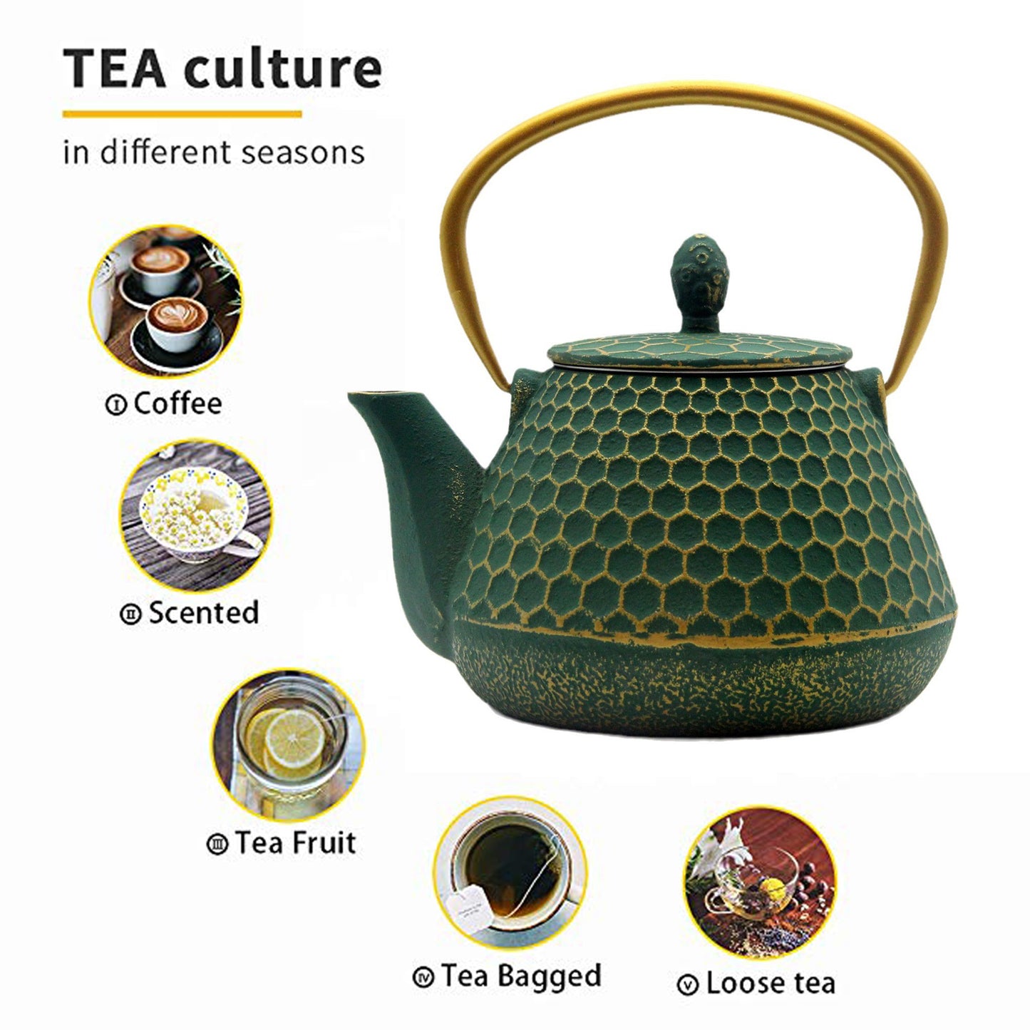 34oz Small Cast Iron Teapot with Enameled Interior, 1000ml Green Tea Pot with Infuser for Loose Tea, Tea Kettle for Stovetop