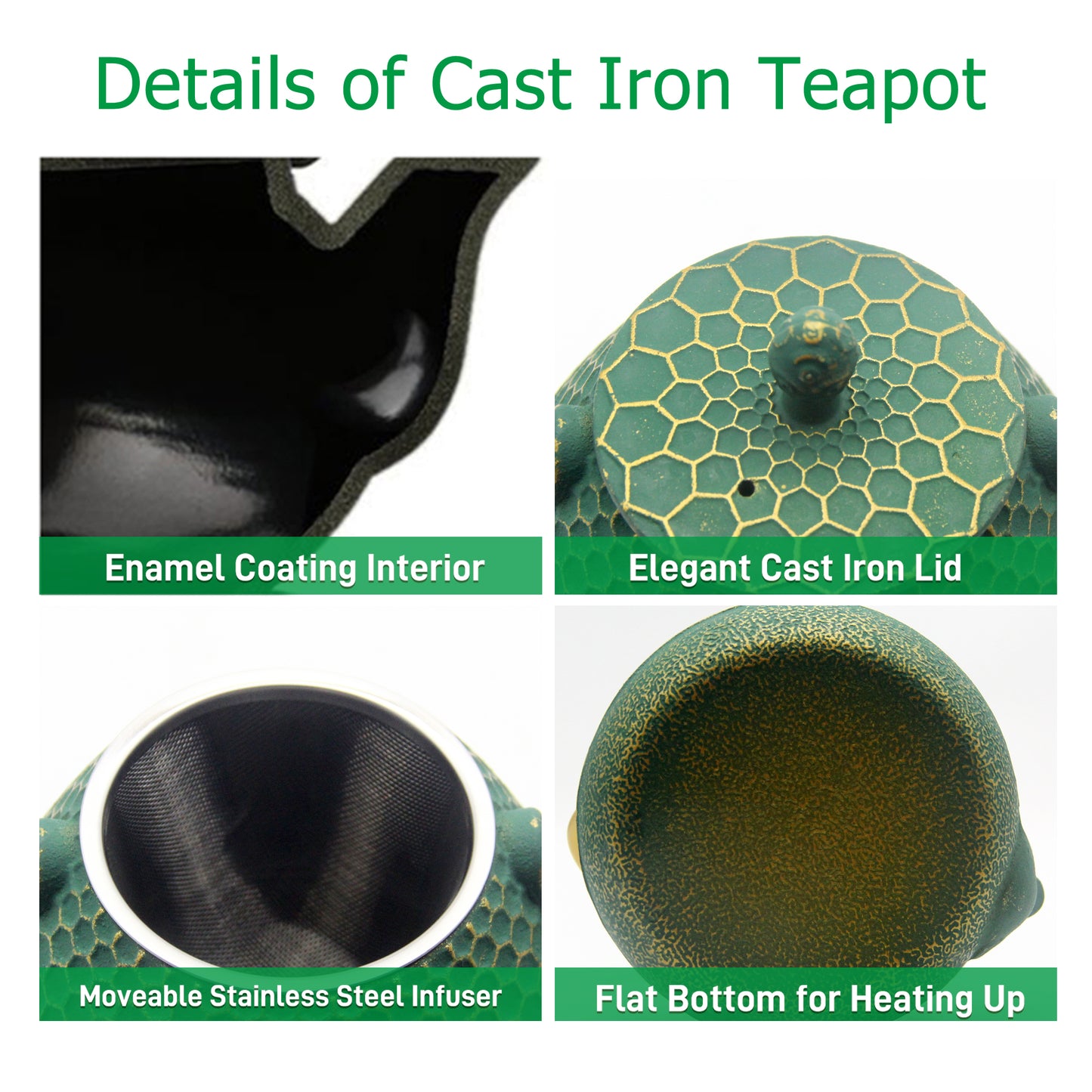 34oz Small Cast Iron Teapot with Enameled Interior, 1000ml Green Tea Pot with Infuser for Loose Tea, Tea Kettle for Stovetop