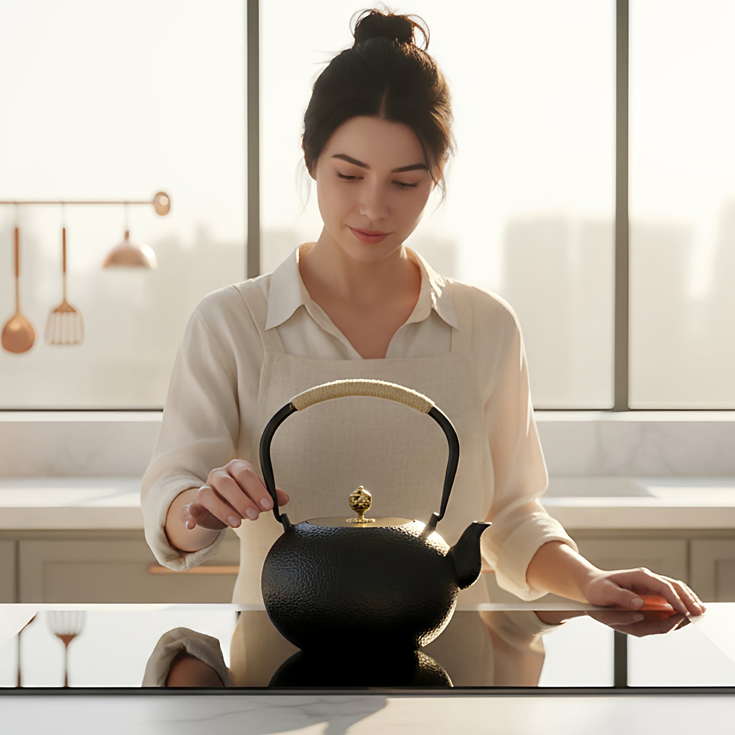 1200ML Japanese Style Cast Iron Teapot with Infuser, 40.6oz Black Tea Pot for Stovetop Safe, Small Cast Iron Tea Kettle with Brass Lid