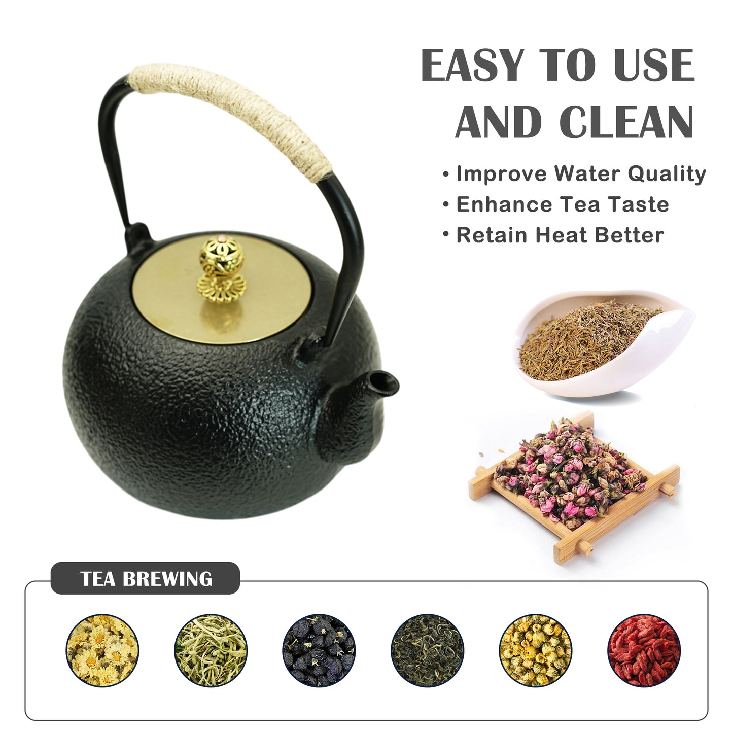 1200ML Japanese Style Cast Iron Teapot with Infuser, 40.6oz Black Tea Pot for Stovetop Safe, Small Cast Iron Tea Kettle with Brass Lid