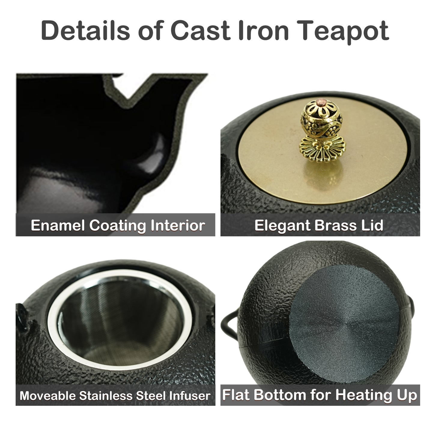 1200ML Japanese Style Cast Iron Teapot with Infuser, 40.6oz Black Tea Pot for Stovetop Safe, Small Cast Iron Tea Kettle with Brass Lid