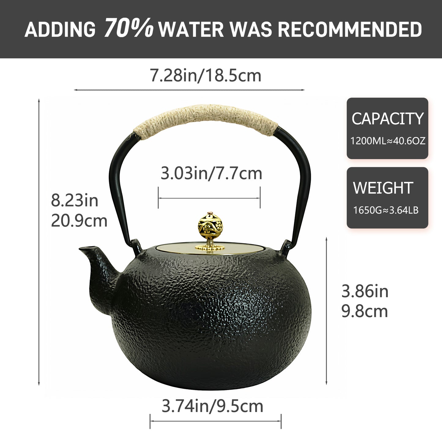 1200ML Japanese Style Cast Iron Teapot with Infuser, 40.6oz Black Tea Pot for Stovetop Safe, Small Cast Iron Tea Kettle with Brass Lid