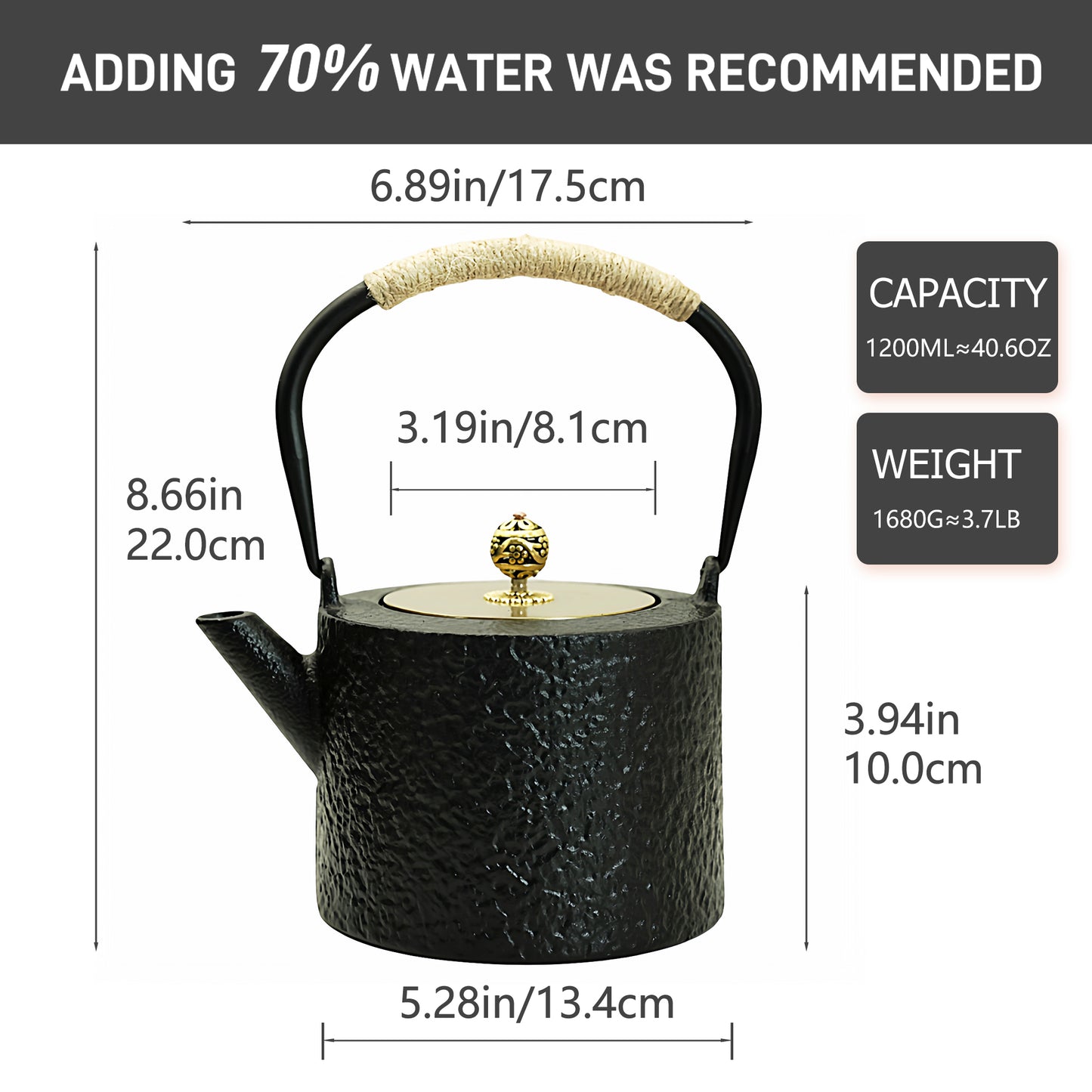 Japanese Style and Black Cast Iron Teapot, 40.6oz Tea Kettle for Stovetop, 1200ML Tea Pot with Infuser for Loose Tea