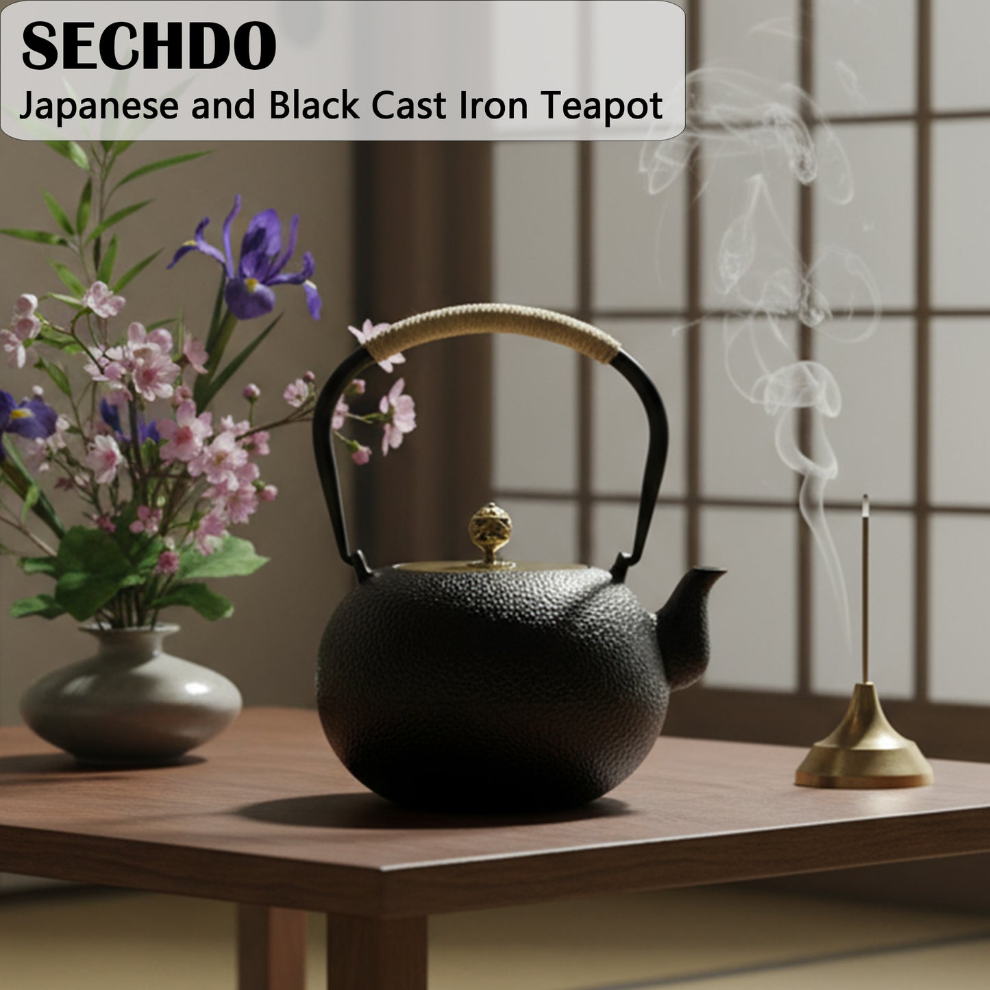1200ML Japanese Style Cast Iron Teapot with Infuser, 40.6oz Black Tea Pot for Stovetop Safe, Small Cast Iron Tea Kettle with Brass Lid