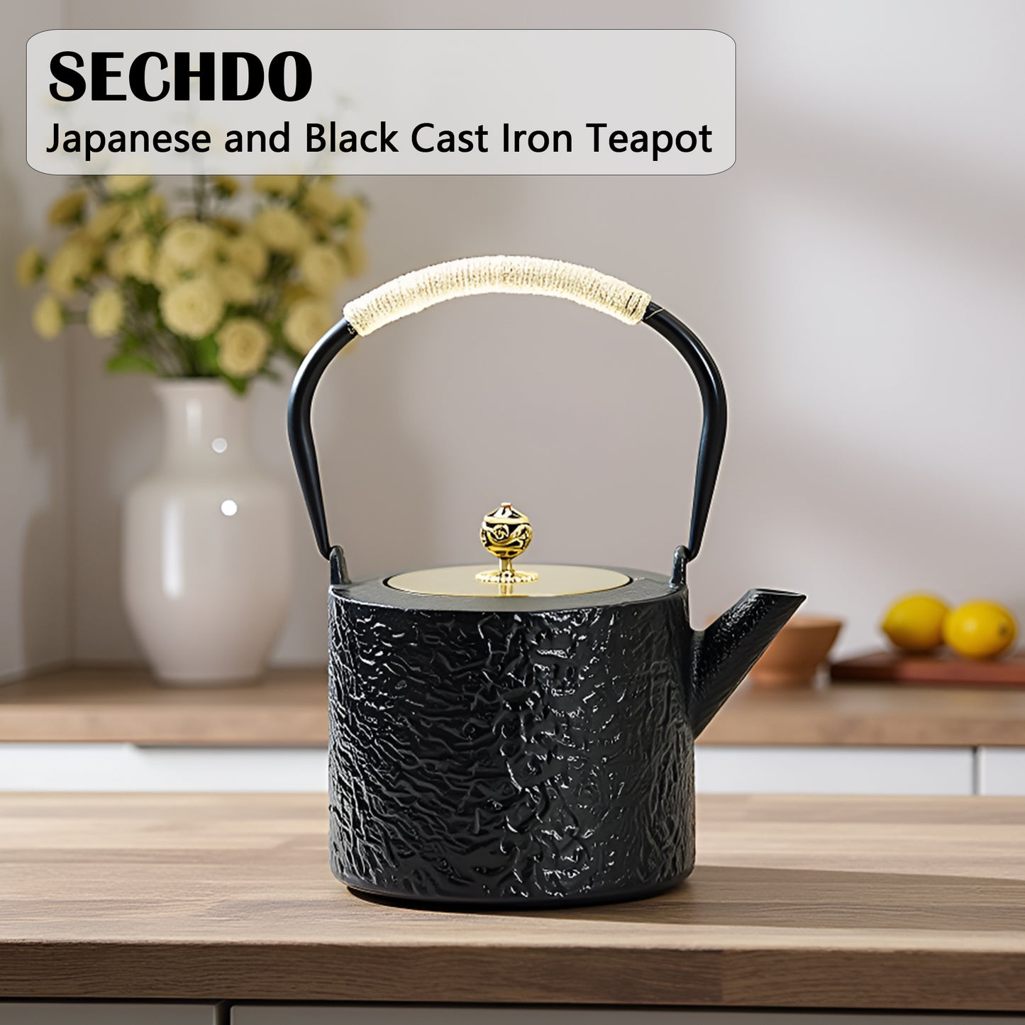 Japanese Style and Black Cast Iron Teapot, 40.6oz Tea Kettle for Stovetop, 1200ML Tea Pot with Infuser for Loose Tea