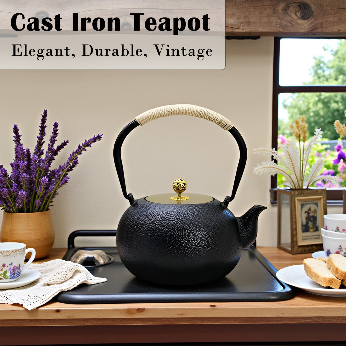 1200ML Japanese Style Cast Iron Teapot with Infuser, 40.6oz Black Tea Pot for Stovetop Safe, Small Cast Iron Tea Kettle with Brass Lid