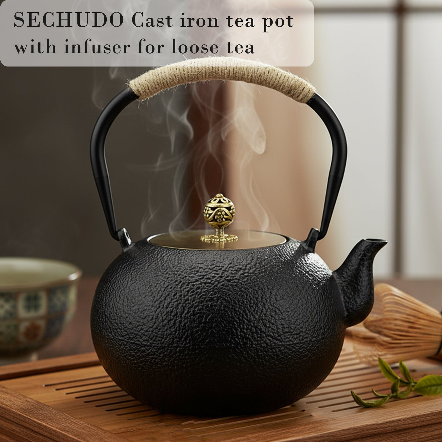 1200ML Japanese Style Cast Iron Teapot with Infuser, 40.6oz Black Tea Pot for Stovetop Safe, Small Cast Iron Tea Kettle with Brass Lid