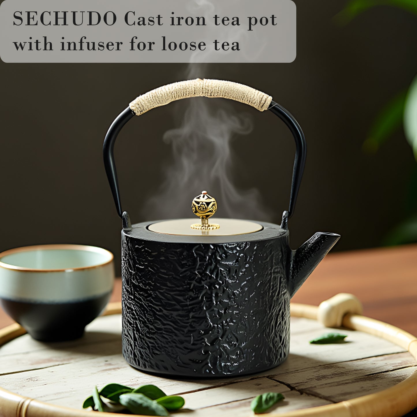 Japanese Style and Black Cast Iron Teapot, 40.6oz Tea Kettle for Stovetop, 1200ML Tea Pot with Infuser for Loose Tea