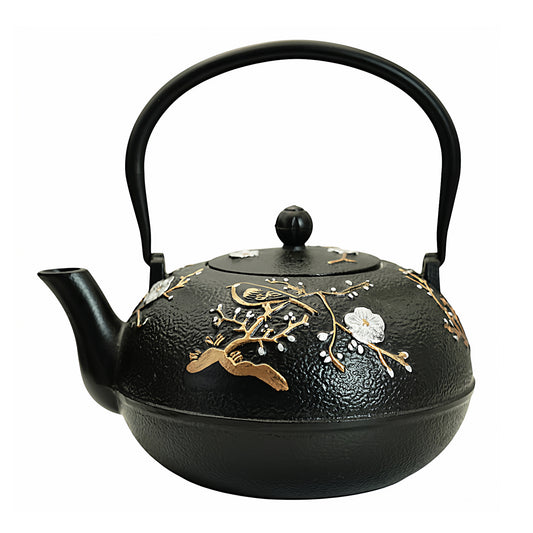 SECHUDO 60.9oz Cast Iron Teapot for Stovetop Safe, 1.8L Tea Pot Coated with Enameled Interior,Japanese Beautiful Tea Kettle with Stainless Steel Infuser for Loose Tea, Plum Blossoms and Bird Pattern