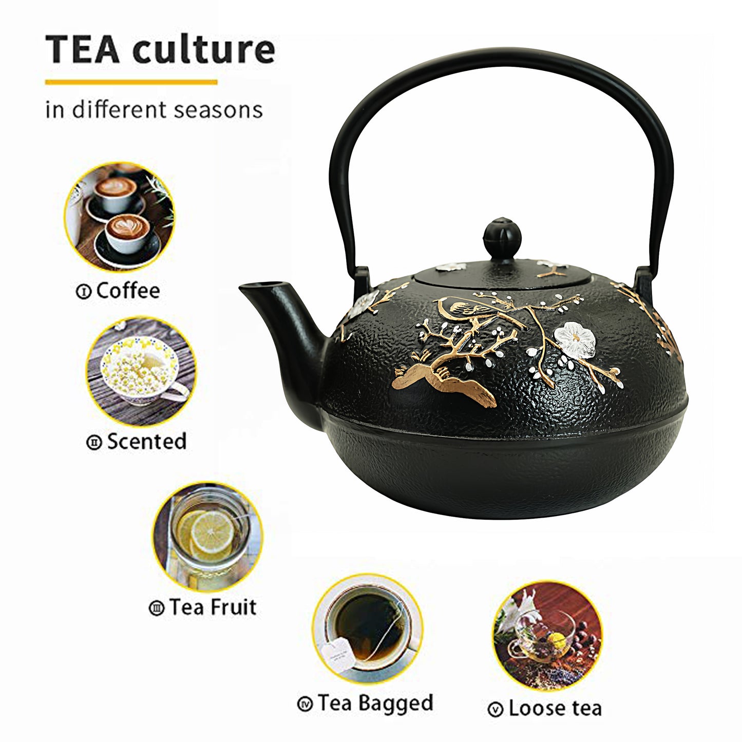 SECHUDO 60.9oz Cast Iron Teapot for Stovetop Safe, 1.8L Tea Pot Coated with Enameled Interior,Japanese Beautiful Tea Kettle with Stainless Steel Infuser for Loose Tea, Plum Blossoms and Bird Pattern