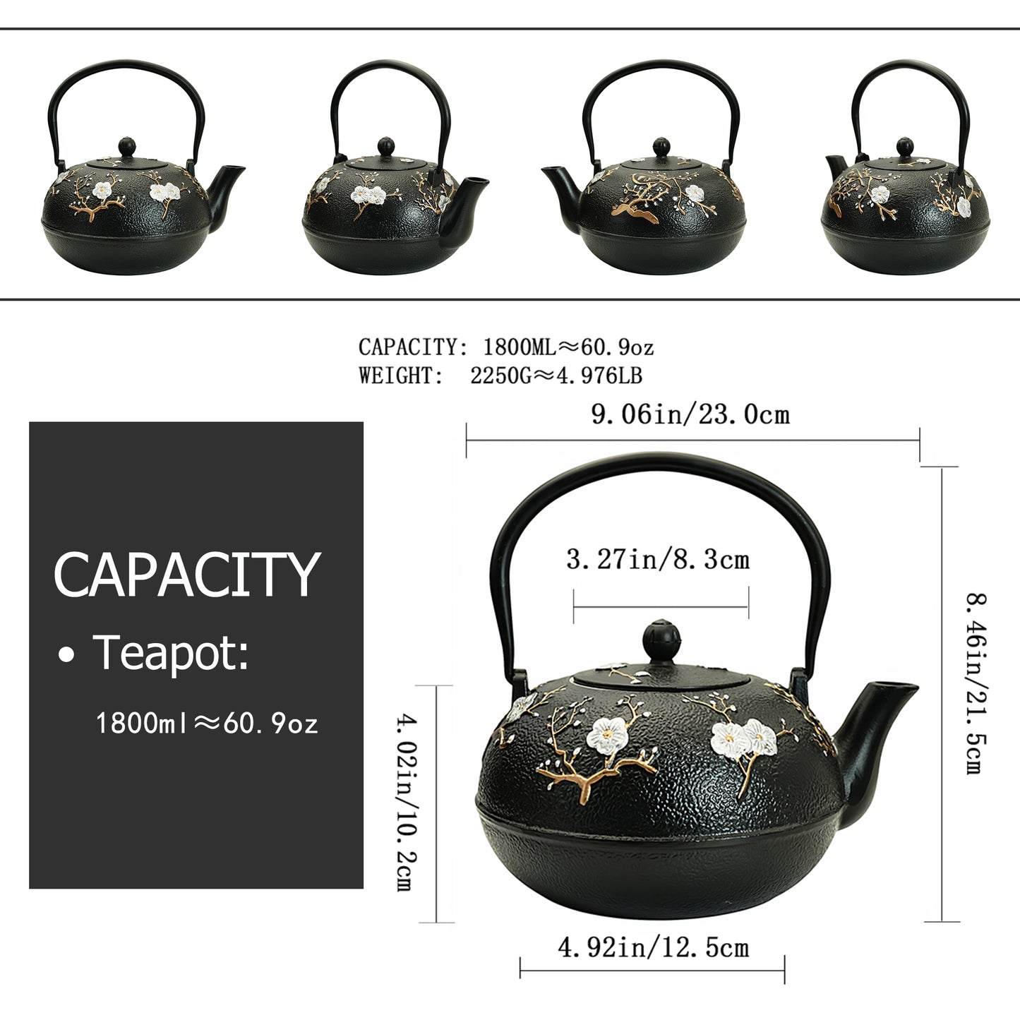 SECHUDO 60.9oz Cast Iron Teapot for Stovetop Safe, 1.8L Tea Pot Coated with Enameled Interior,Japanese Beautiful Tea Kettle with Stainless Steel Infuser for Loose Tea, Plum Blossoms and Bird Pattern