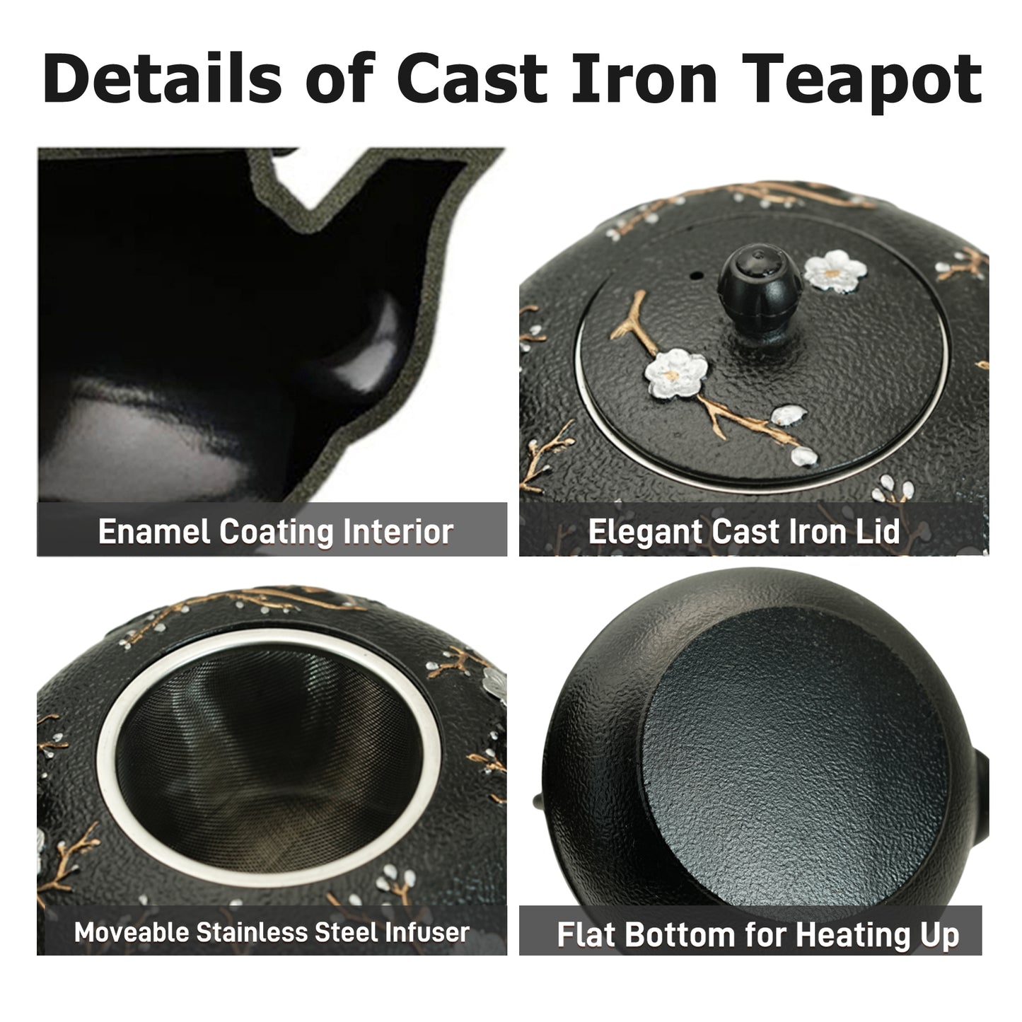 SECHUDO 60.9oz Cast Iron Teapot for Stovetop Safe, 1.8L Tea Pot Coated with Enameled Interior,Japanese Beautiful Tea Kettle with Stainless Steel Infuser for Loose Tea, Plum Blossoms and Bird Pattern