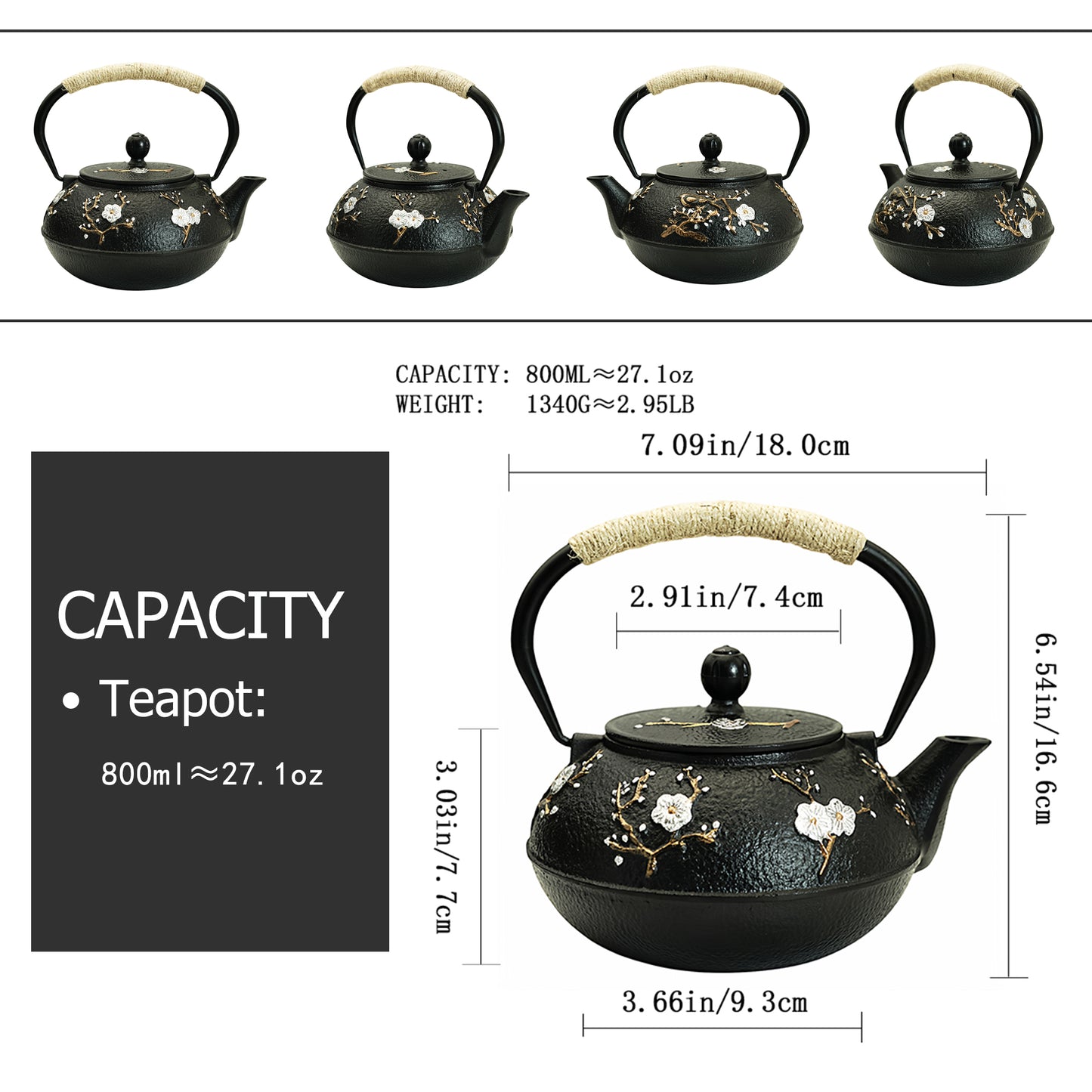 SECHUDO 27oz Cast Iron Teapot, 800ML Teapot for Stovetop Safe Coated with Enameled Interior,Japanese Beautiful Tea Kettle with Stainless Steel Infuser for Loose Tea