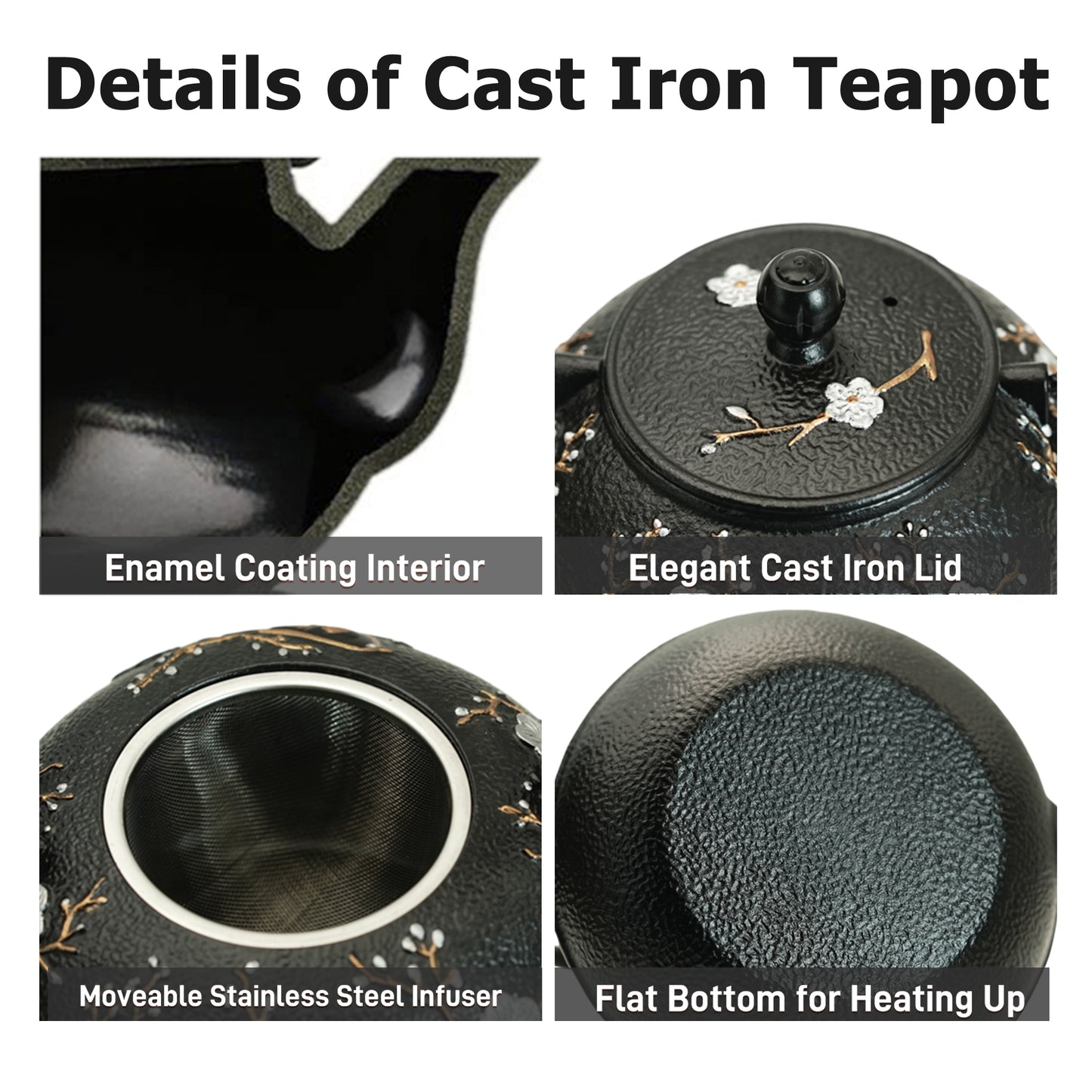 SECHUDO 27oz Cast Iron Teapot, 800ML Teapot for Stovetop Safe Coated with Enameled Interior,Japanese Beautiful Tea Kettle with Stainless Steel Infuser for Loose Tea