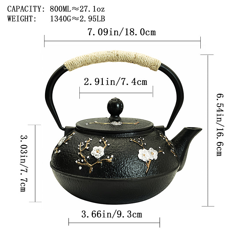 SECHUDO 27oz Cast Iron Teapot, 800ML Teapot for Stovetop Safe Coated with Enameled Interior,Japanese Beautiful Tea Kettle with Stainless Steel Infuser for Loose Tea