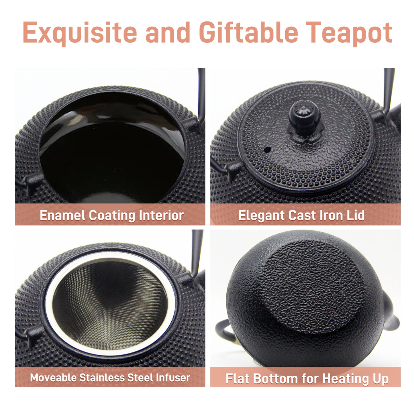 27oz Small Cast Iron Teapot, Japanese Tetsubin with Enamel, 900ml Black Tea Pot with Infuser for Loose Leaf, Tea Kettle for Stove