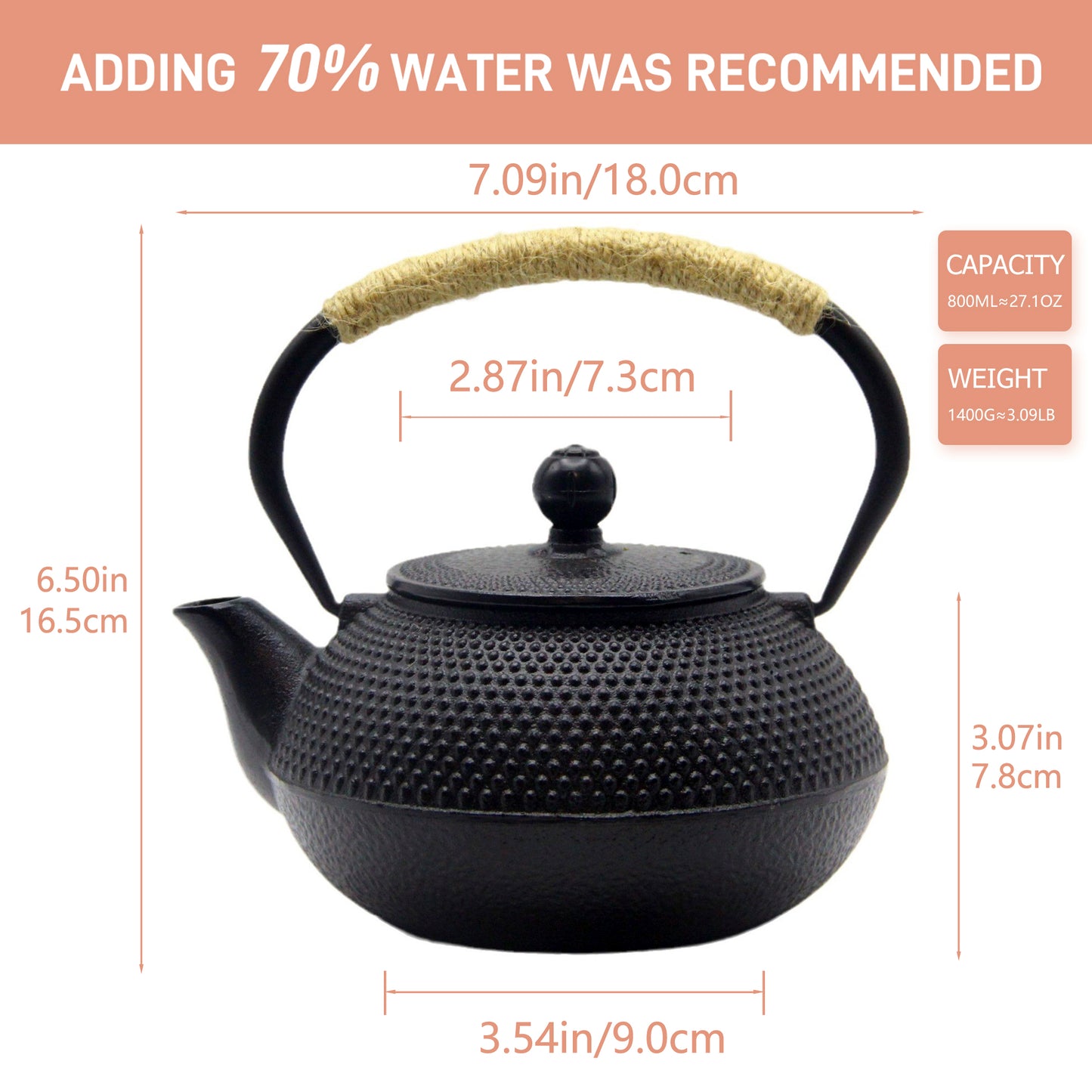 27oz Small Cast Iron Teapot, Japanese Tetsubin with Enamel, 900ml Black Tea Pot with Infuser for Loose Leaf, Tea Kettle for Stove
